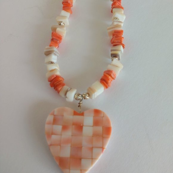 Handmade Valentines Heart Necklace with Peach Coral White Shell Beads 19 Inch - Picture 12 of 16